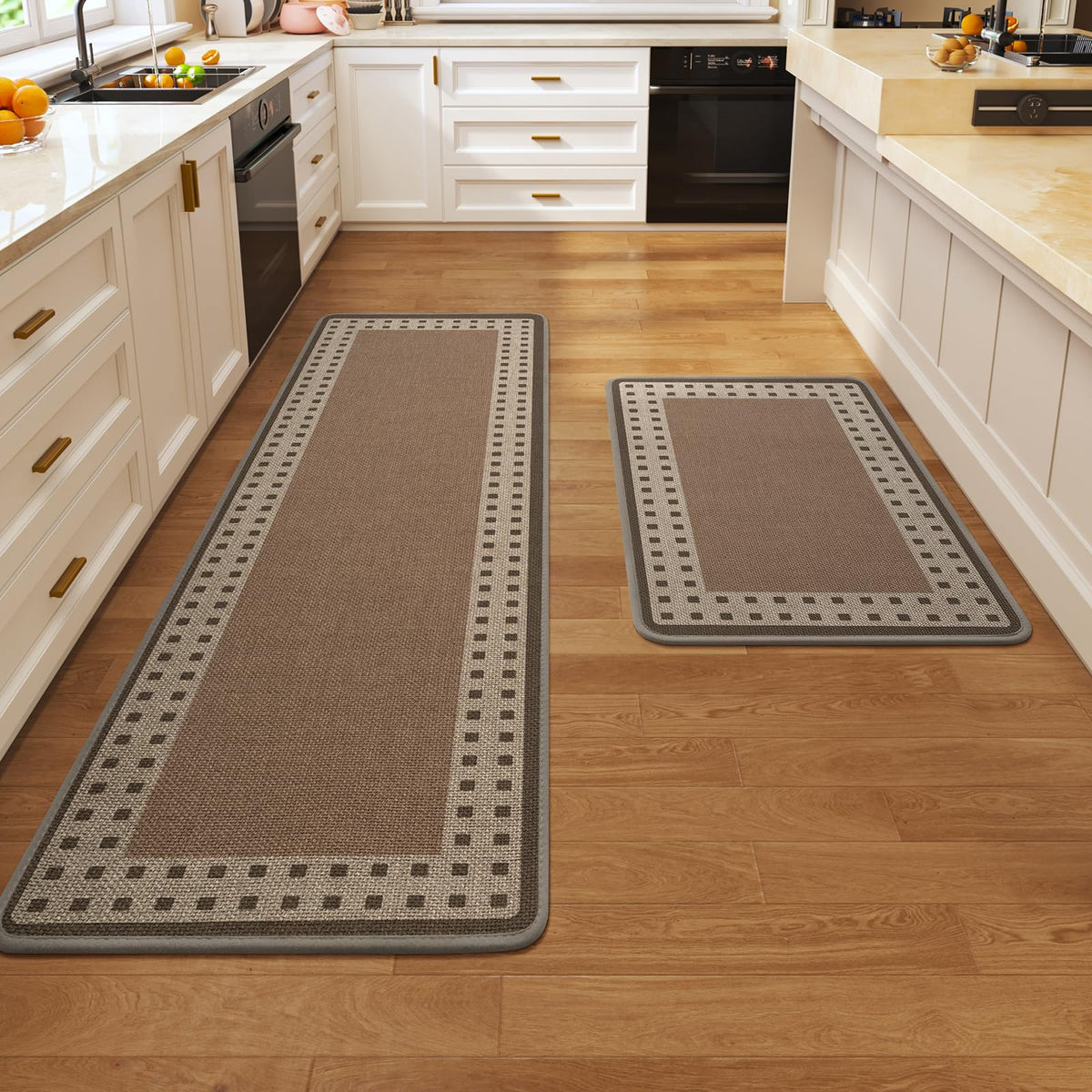 Kitchen Rugs Set of 2, Kitchen Mats for Floor,17x30+17x47 Brown