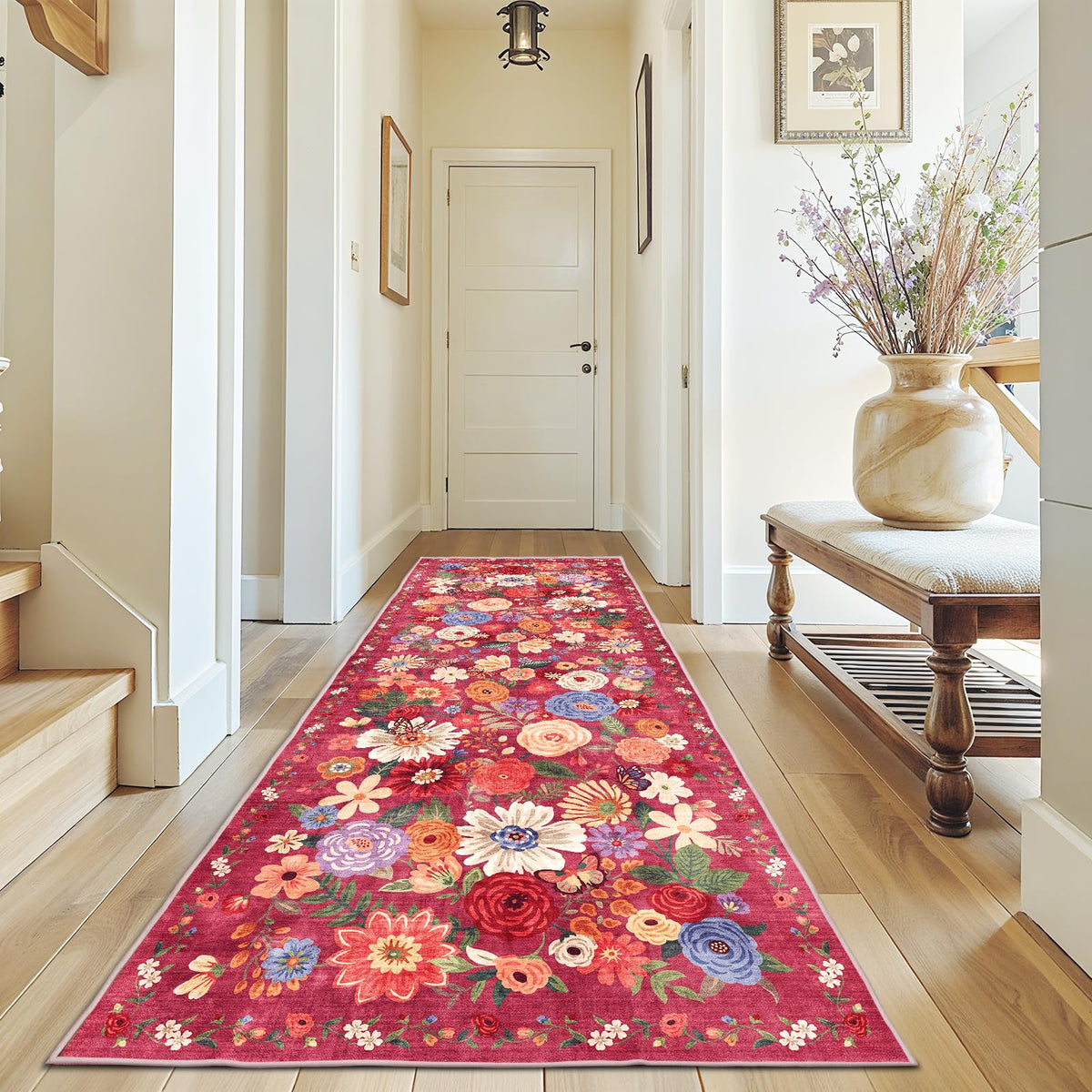 Washable Runner Rug 2x6 Beige Floral, Non Slip for Hallway, Kitchen