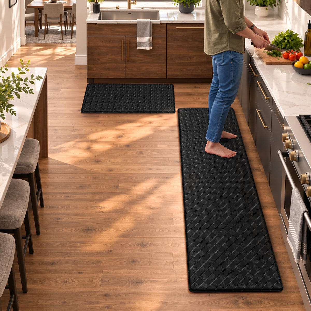 TranquilRelax 2-Piece Kitchen Mats, Cushioned Non-Slip Floor Mats, Black