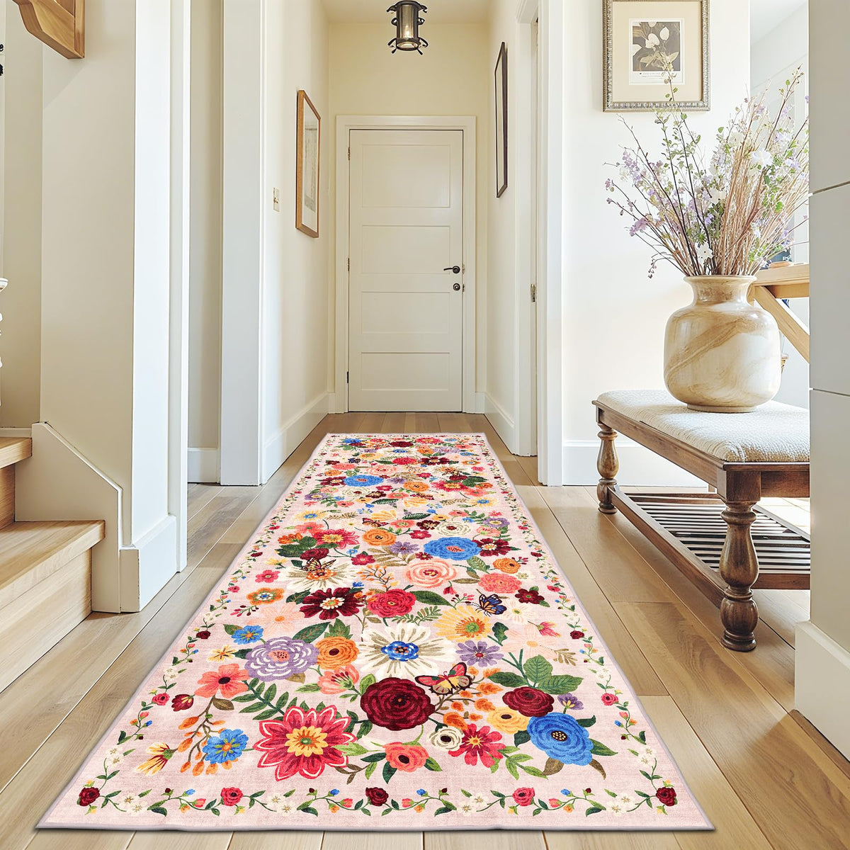 Washable Runner Rug 2x6 Beige Floral, Non Slip for Hallway, Kitchen