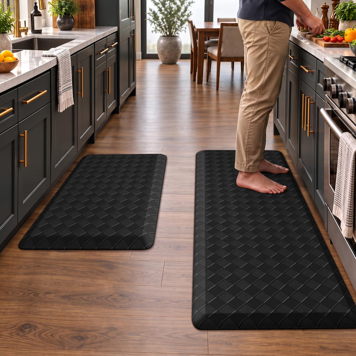 TranquilRelax 2-Piece Kitchen Mats, Cushioned Non-Slip Floor Mats, Black
