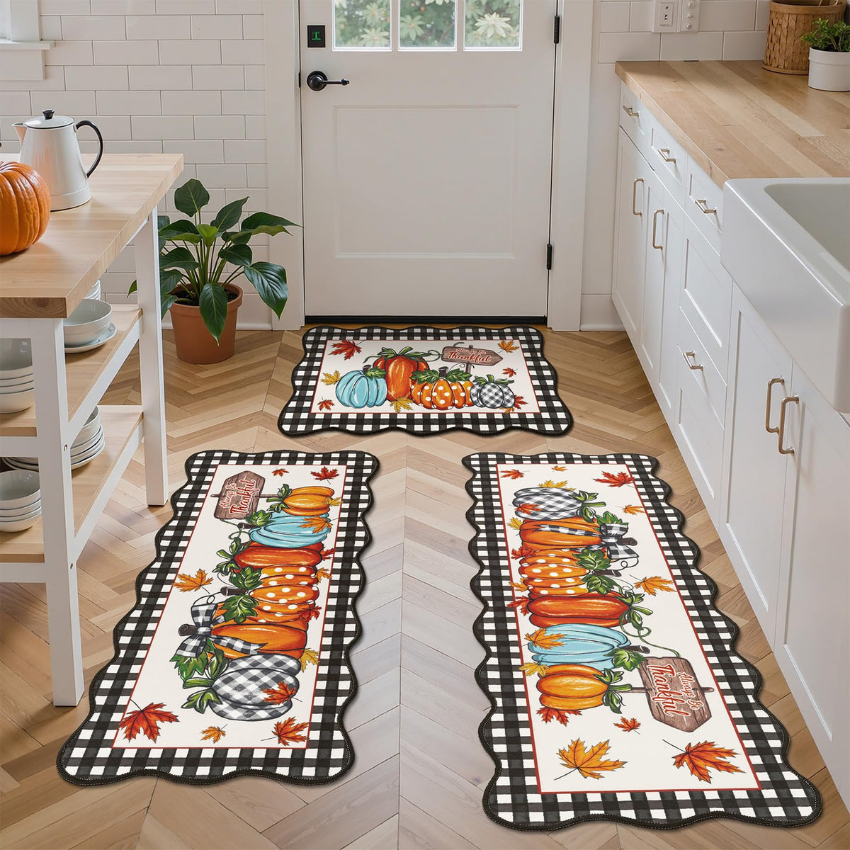 U'Artlines Fall Pumpkin Kitchen Rugs with Runner Sets 3 Piece,Washable