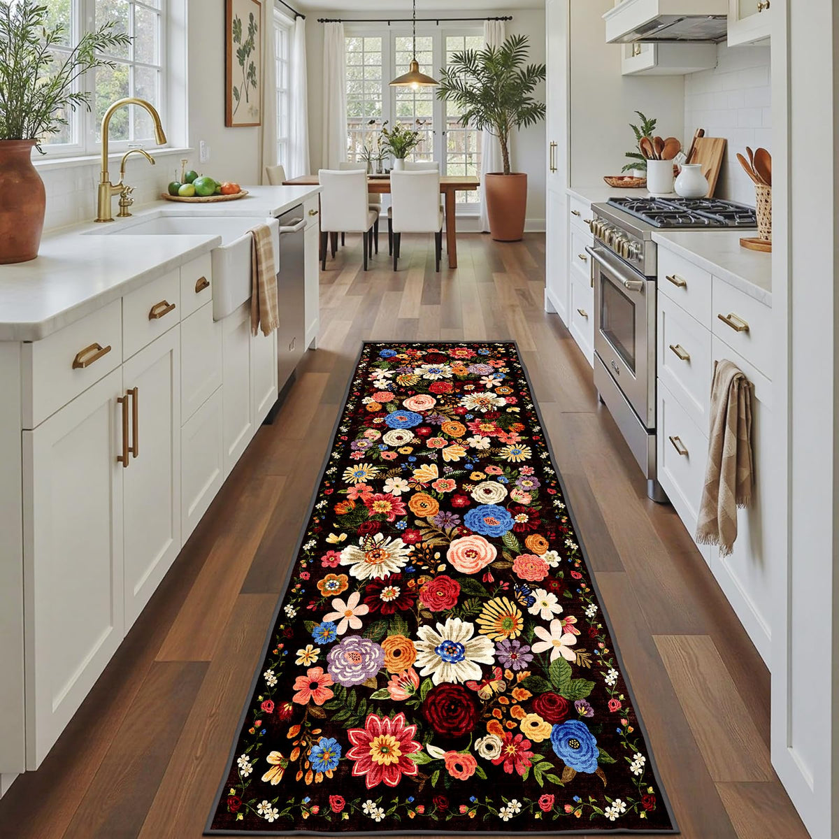 Washable Runner Rug 2x6 Beige Floral, Non Slip for Hallway, Kitchen