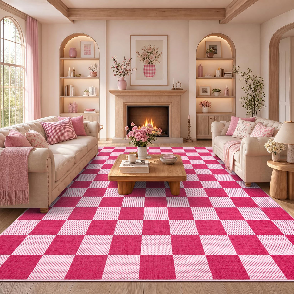 GarveeHome Checkered Pink 2x6 Washable Kitchen Runner Rug Low-Pile Entryway
