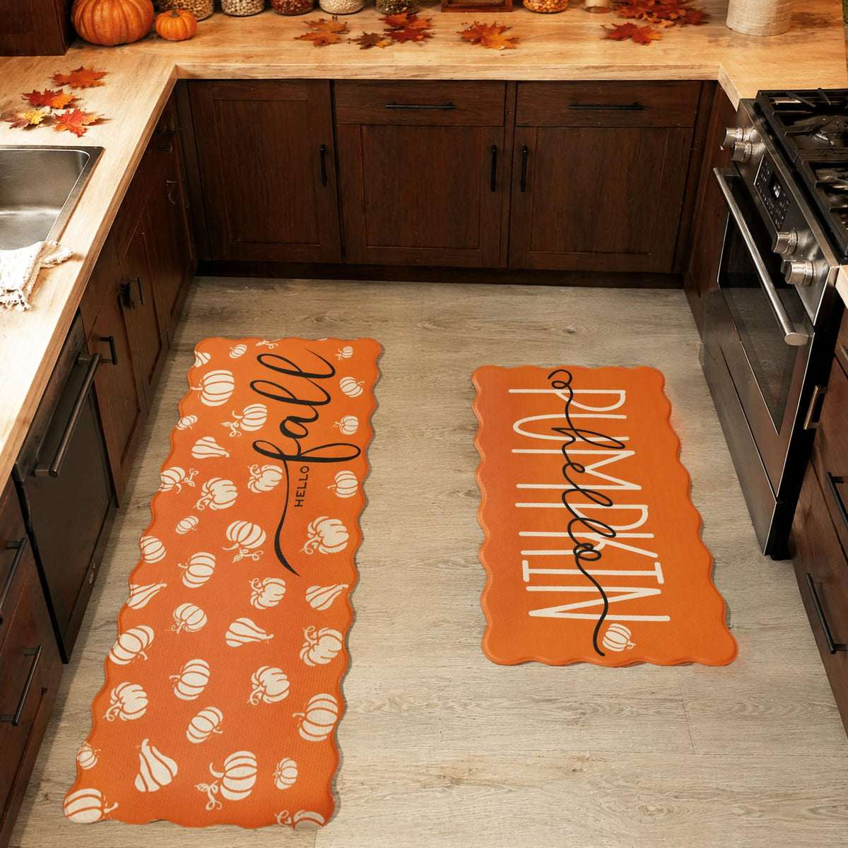 Fall Autumn Pumpkin Orange Kitchen Rug Sets 2 PCs, 17"x29"+17"x47"