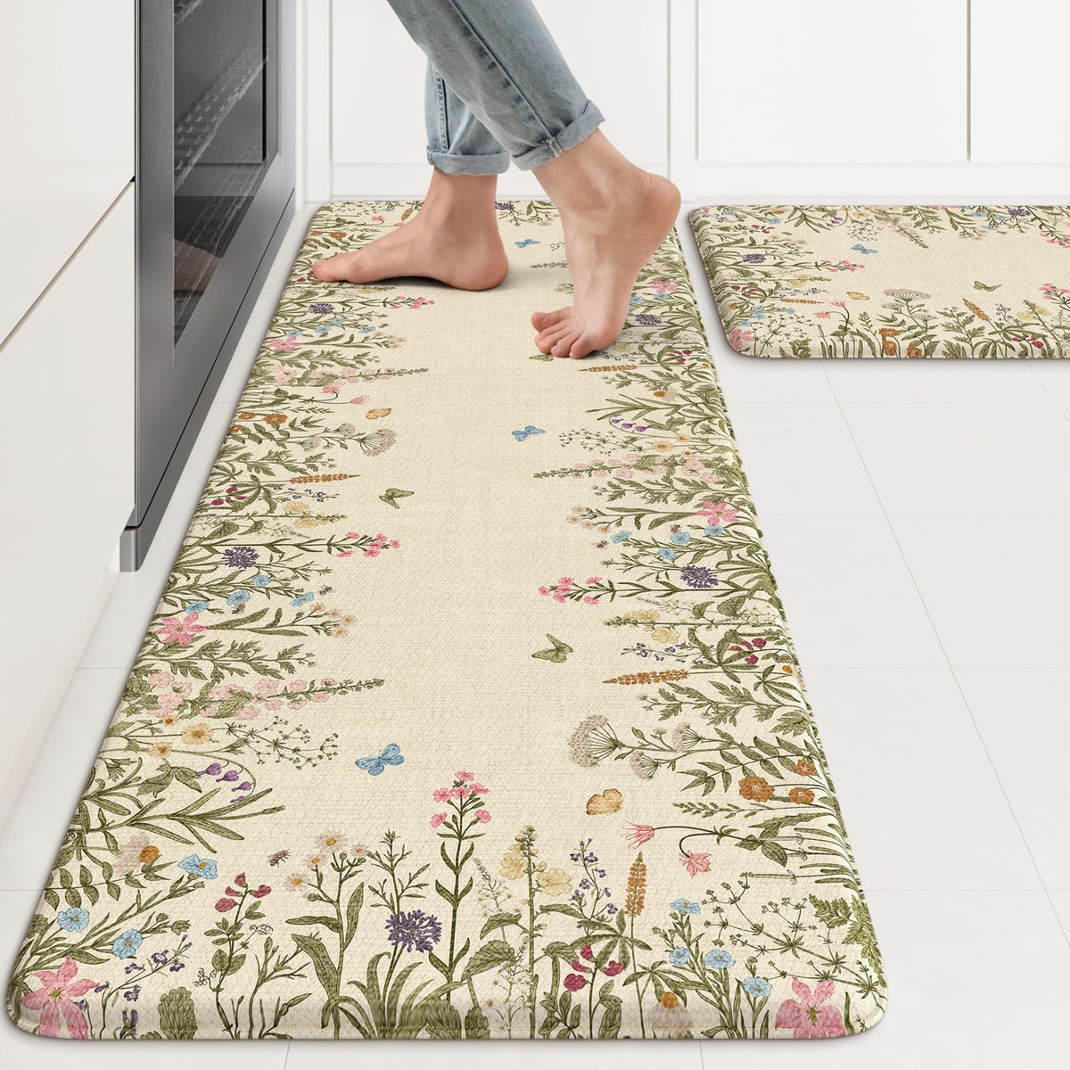 KIMODE Anti Fatigue Kitchen Mats for Floor, Boho Floral Kitchen Rugs Sets