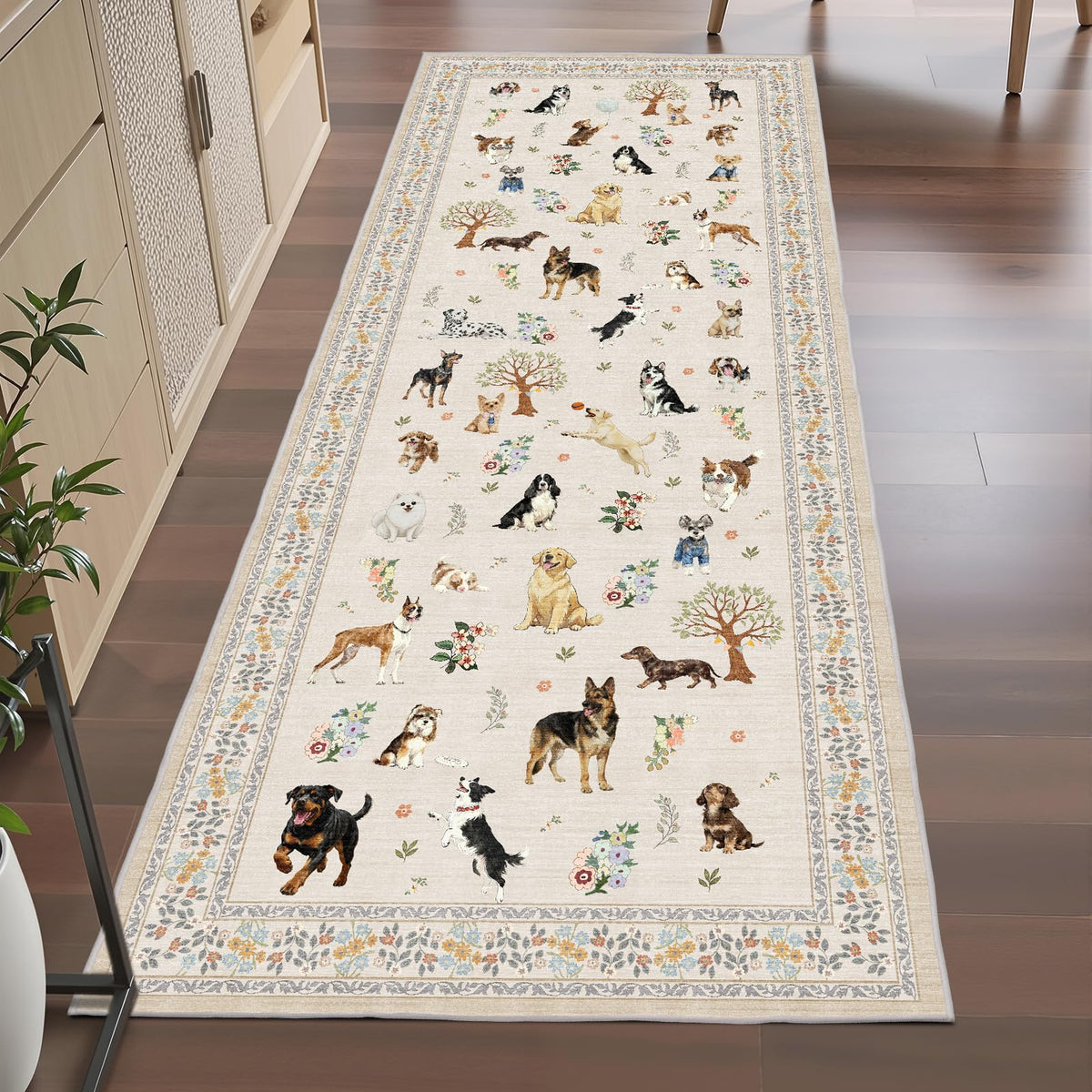 Washable Runner Rug 2x6 Beige Floral, Non Slip for Hallway, Kitchen