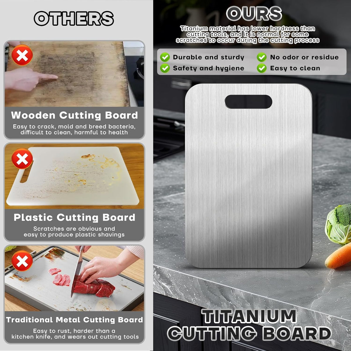 Katori Titanium Cutting Boards for Kitchen-100% Pure Titanium Cutting Board set Double Sided Non Toxic Titanware Chopping Board,Dishwasher Safe Metal Cutting Boards FathersDay Gifts(1PC-L-9x13.5In)