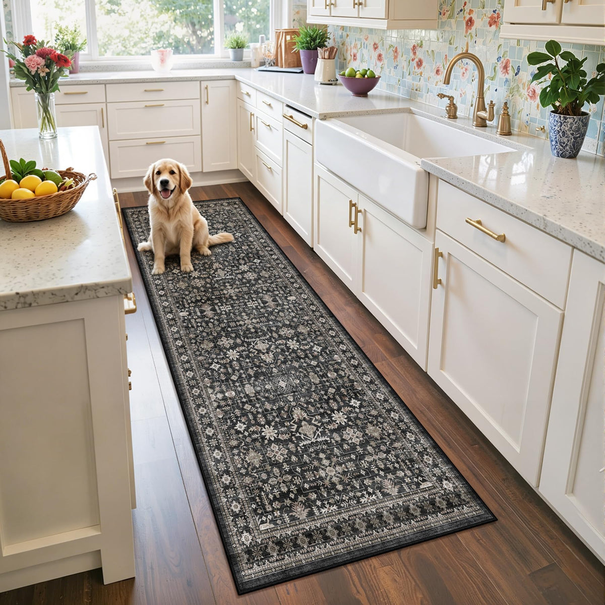 Washable Runner Rug 2x6 Beige Floral, Non Slip for Hallway, Kitchen