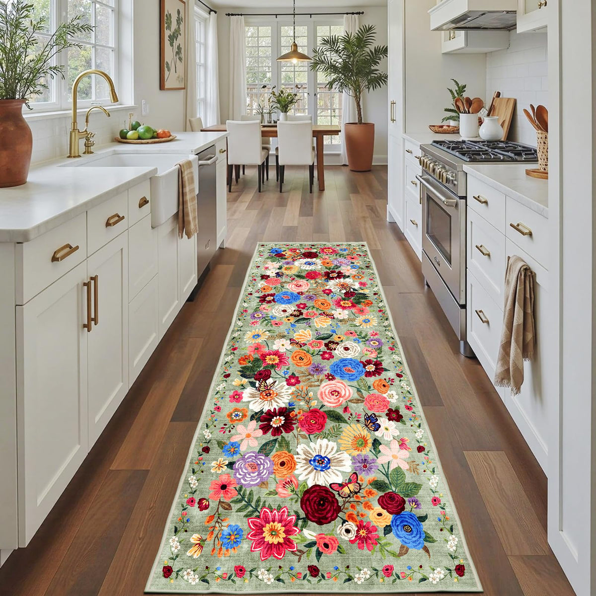 Washable Runner Rug 2x6 Beige Floral, Non Slip for Hallway, Kitchen