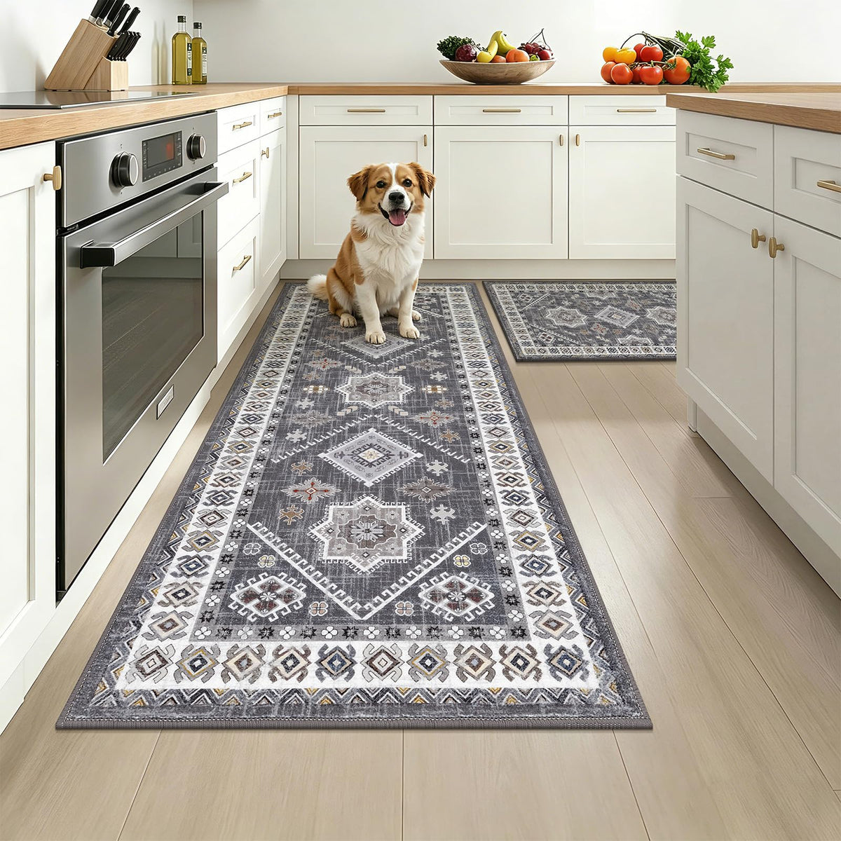 HEBE Boho Kitchen Rugs Set of 3, Non Slip Washable Kitchen Mats for Floor