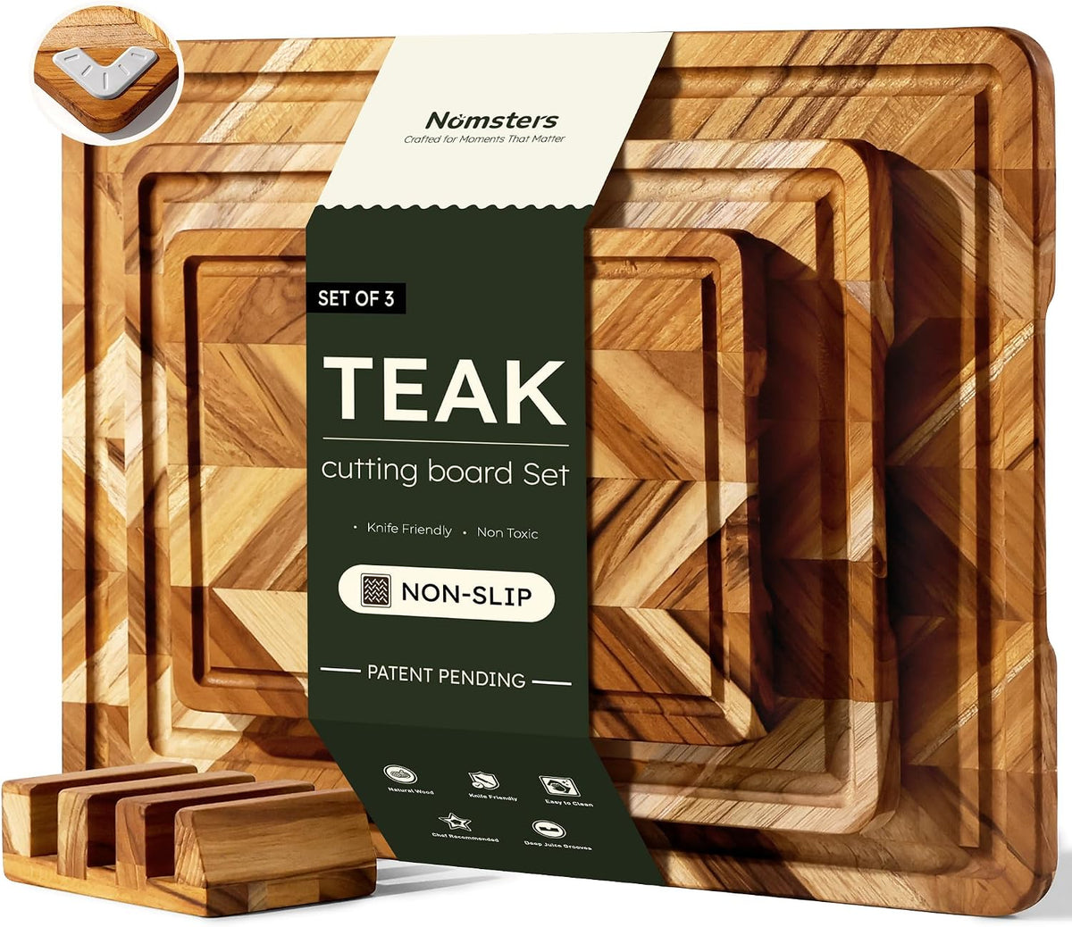Teak Cutting Boards for Kitchen 3 Pack Herringbone Wooden Wood Board Holder