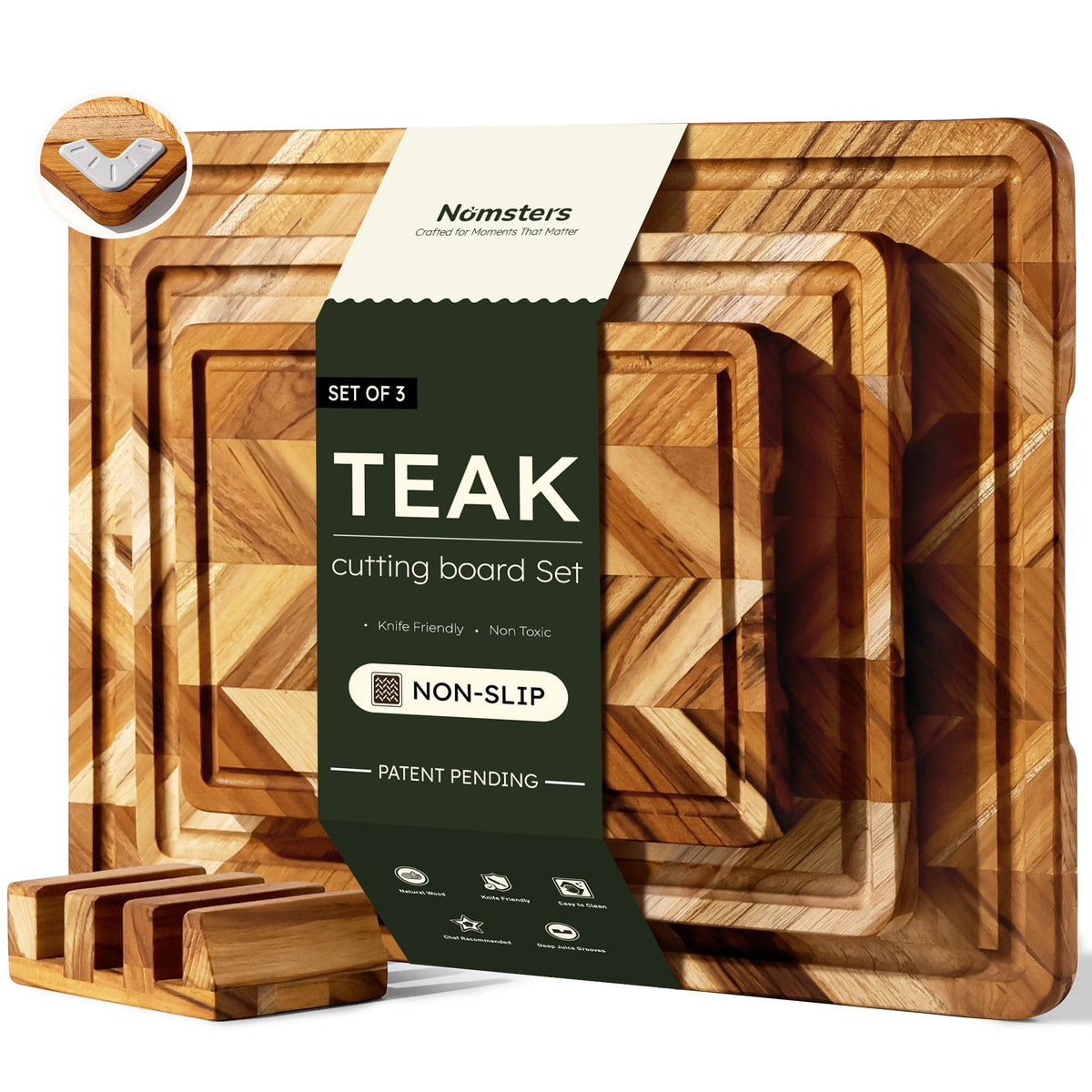 Teak Cutting Boards for Kitchen 3 Pack Herringbone Wooden Wood Board Holder