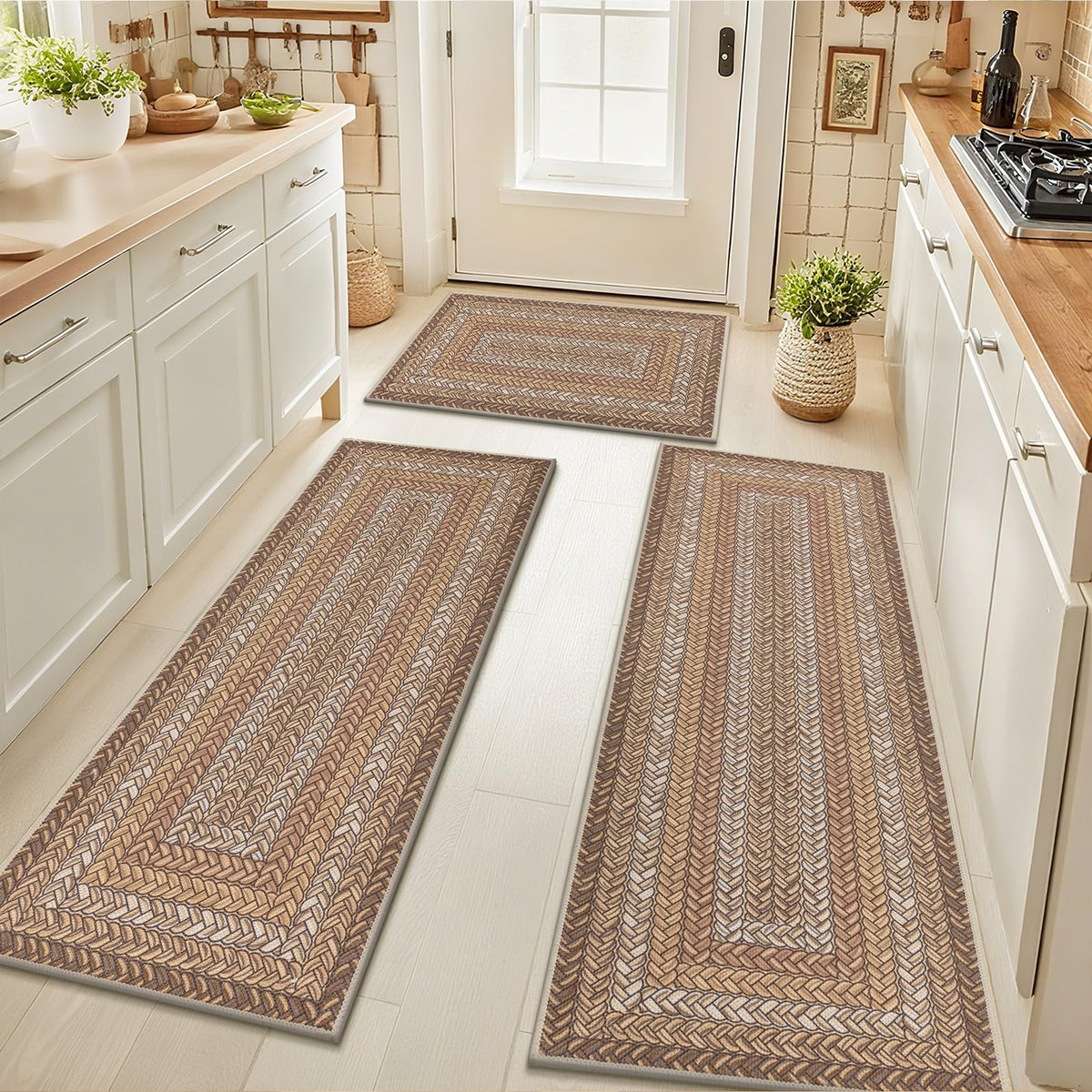 HEBE Faux Jute Kitchen Rugs Set of 3, Washable Kitchen Mats for Floor