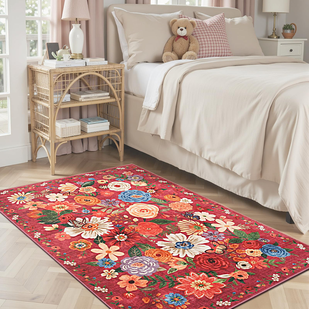 Washable Runner Rug 2x6 Beige Floral, Non Slip for Hallway, Kitchen