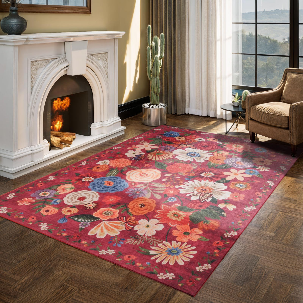 Washable Runner Rug 2x6 Beige Floral, Non Slip for Hallway, Kitchen