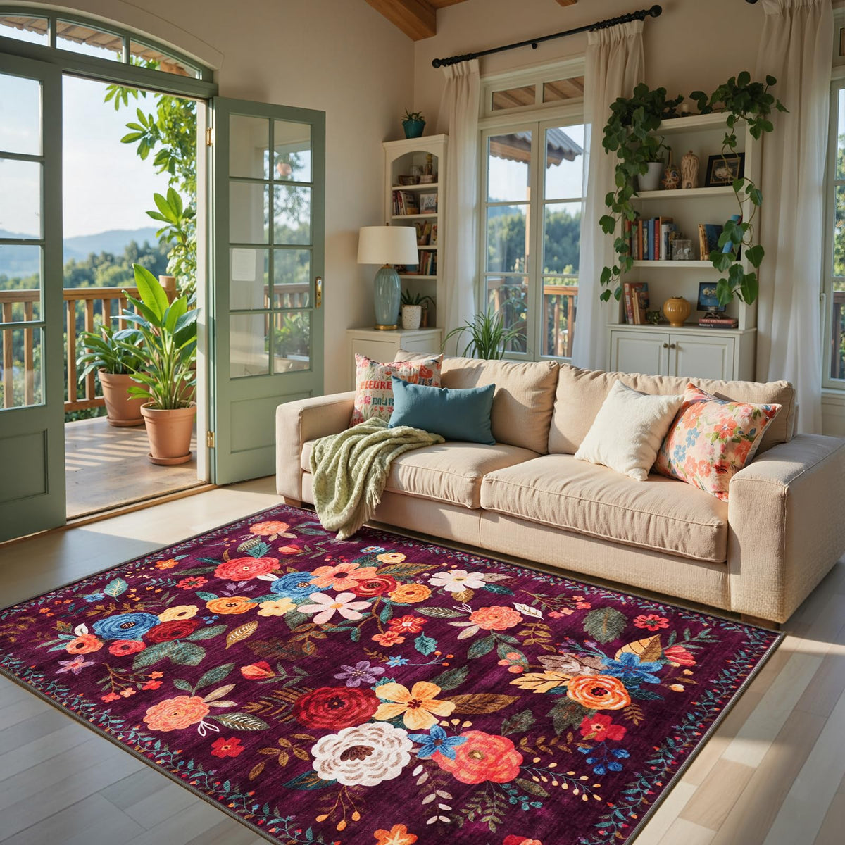 Washable Runner Rug 2x6 Beige Floral, Non Slip for Hallway, Kitchen