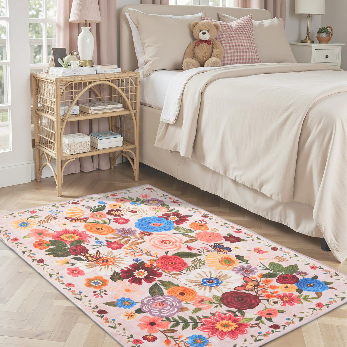 Washable Runner Rug 2x6 Beige Floral, Non Slip for Hallway, Kitchen