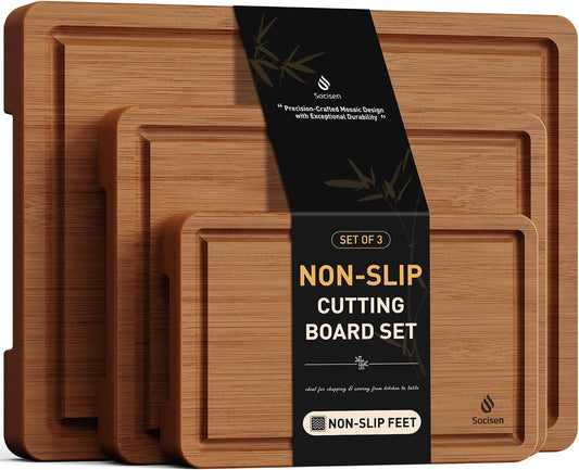 3 Packs Bamboo Cutting Board Set with Non Slip Feet and Over Sink Nice Solid Thick Wood Juice Groove Chopping Board Extra Large Big Small Best Hardwood Kitchen Counter Organic Vegetable