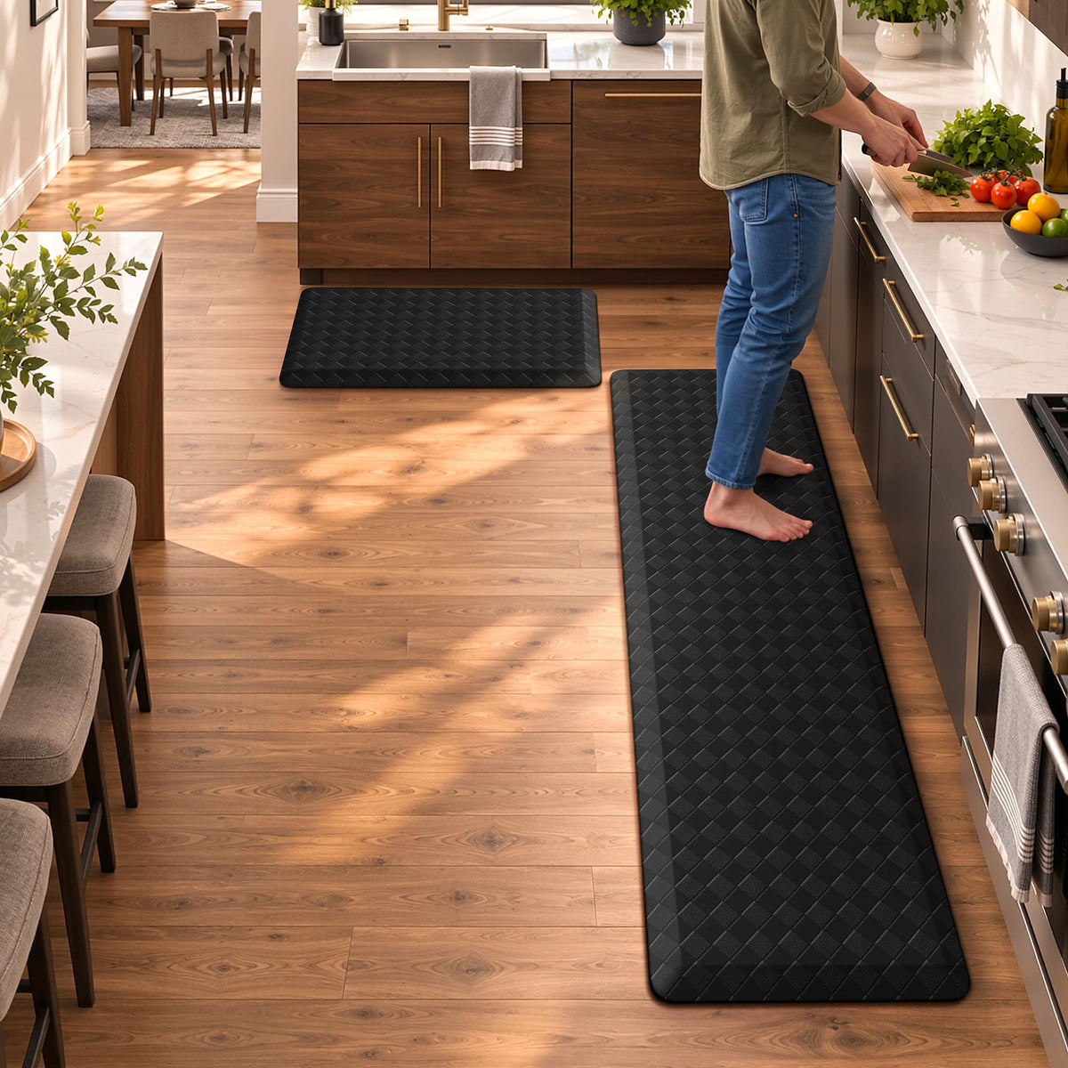 TranquilRelax 2-Piece Kitchen Mats, Cushioned Non-Slip Floor Mats, Black