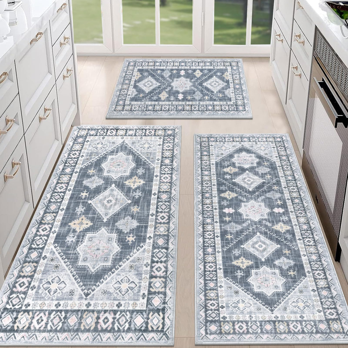 HEBE Boho Kitchen Rugs Set of 3, Non Slip Washable Kitchen Mats for Floor