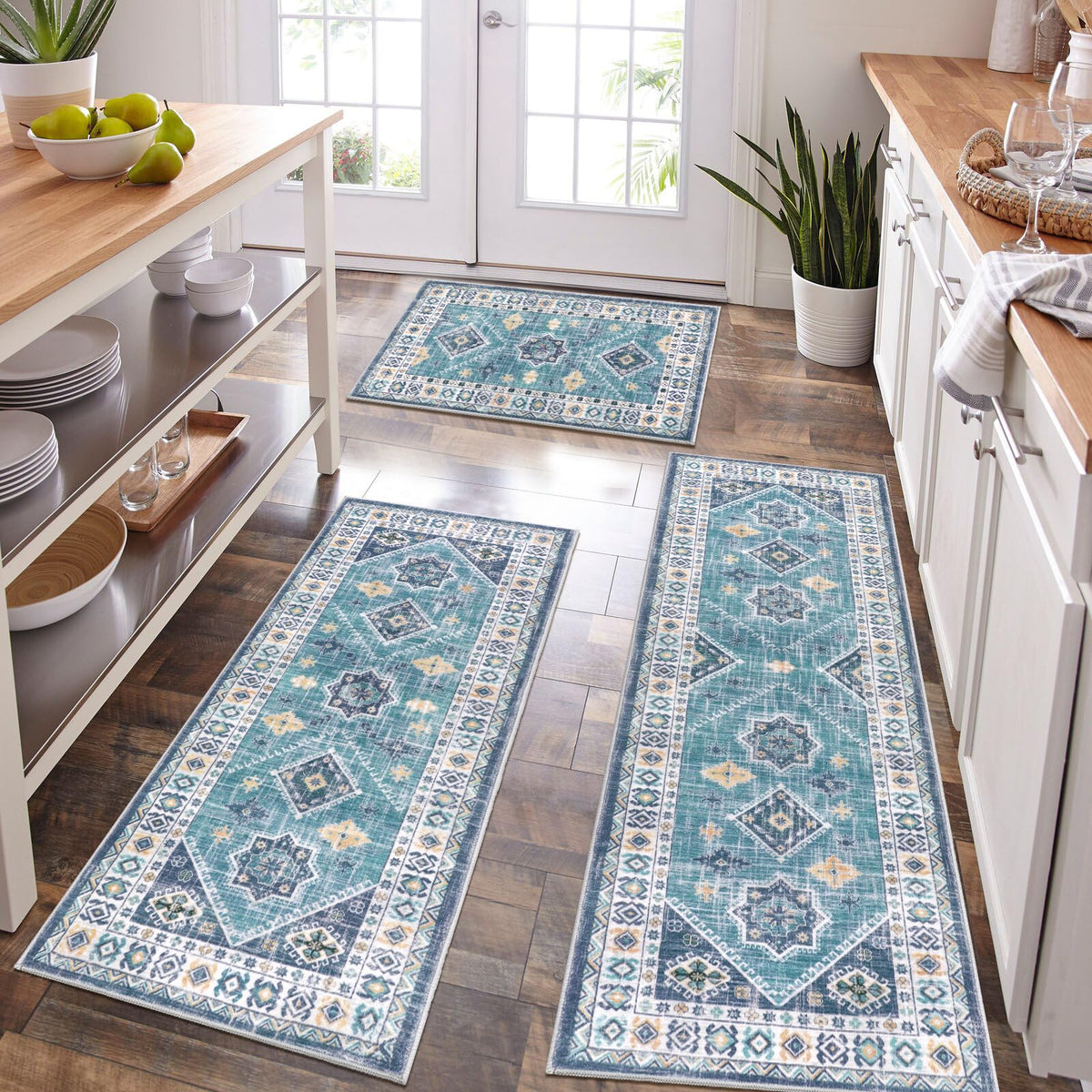HEBE Boho Kitchen Rugs Set of 3, Non Slip Washable Kitchen Mats for Floor