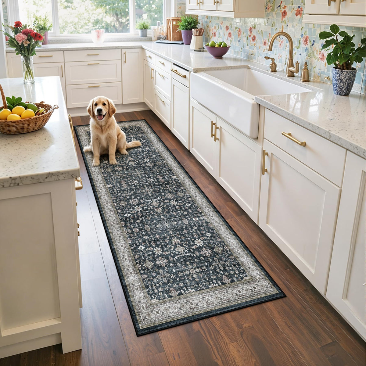 Washable Runner Rug 2x6 Beige Floral, Non Slip for Hallway, Kitchen
