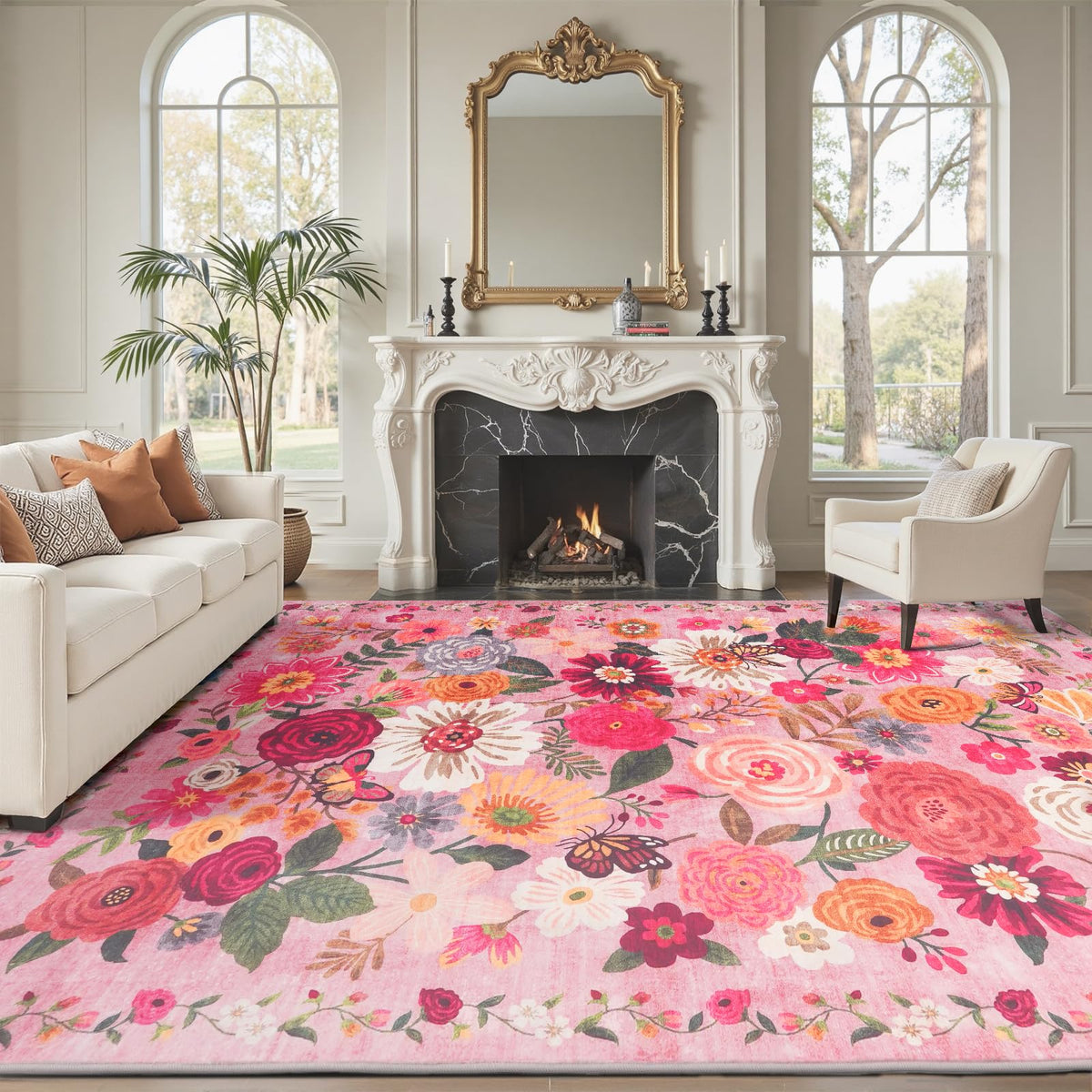 Washable Runner Rug 2x6 Beige Floral, Non Slip for Hallway, Kitchen