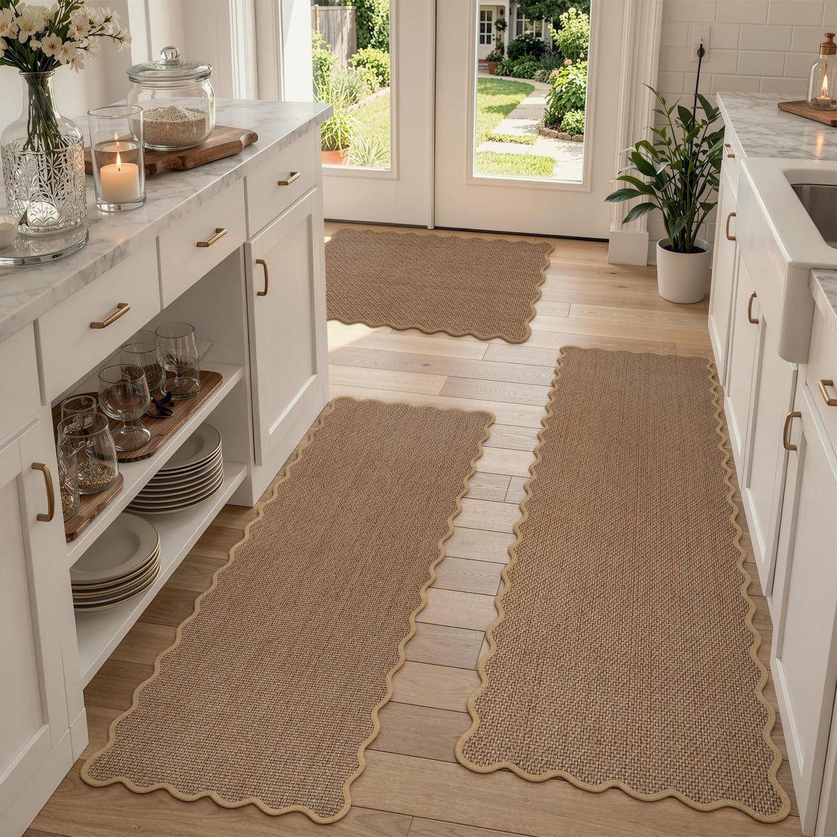 KIMODE Kitchen Rugs and Mats Set of 2 Scalloped Kitchen Mats for Floor
