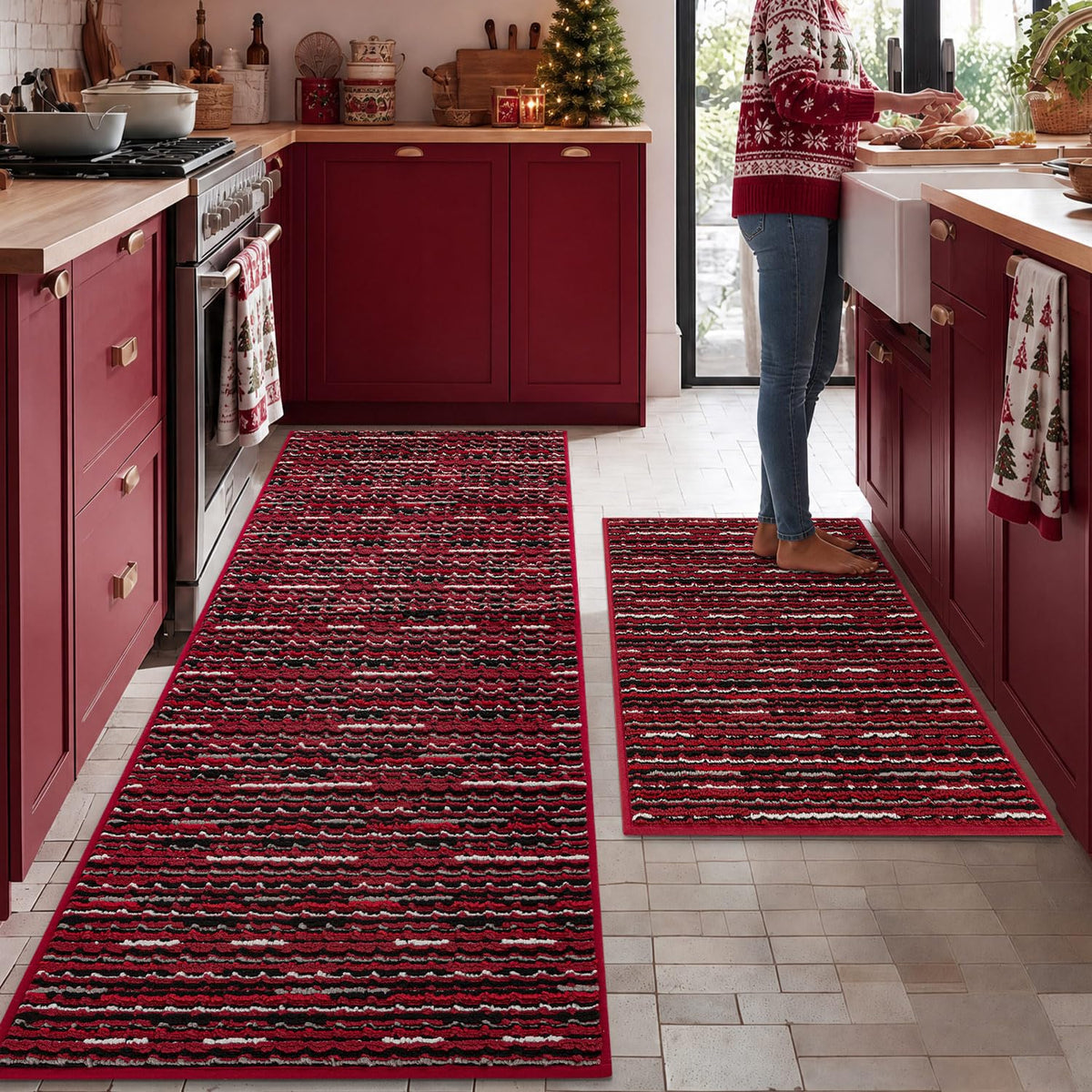 BSICPRO Kitchen Rugs Sets of 2, Non Slip Kitchen Mats for Floor, Black
