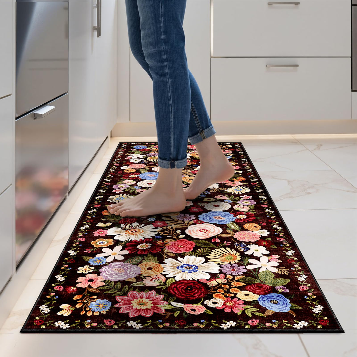 Washable Runner Rug 2x6 Beige Floral, Non Slip for Hallway, Kitchen