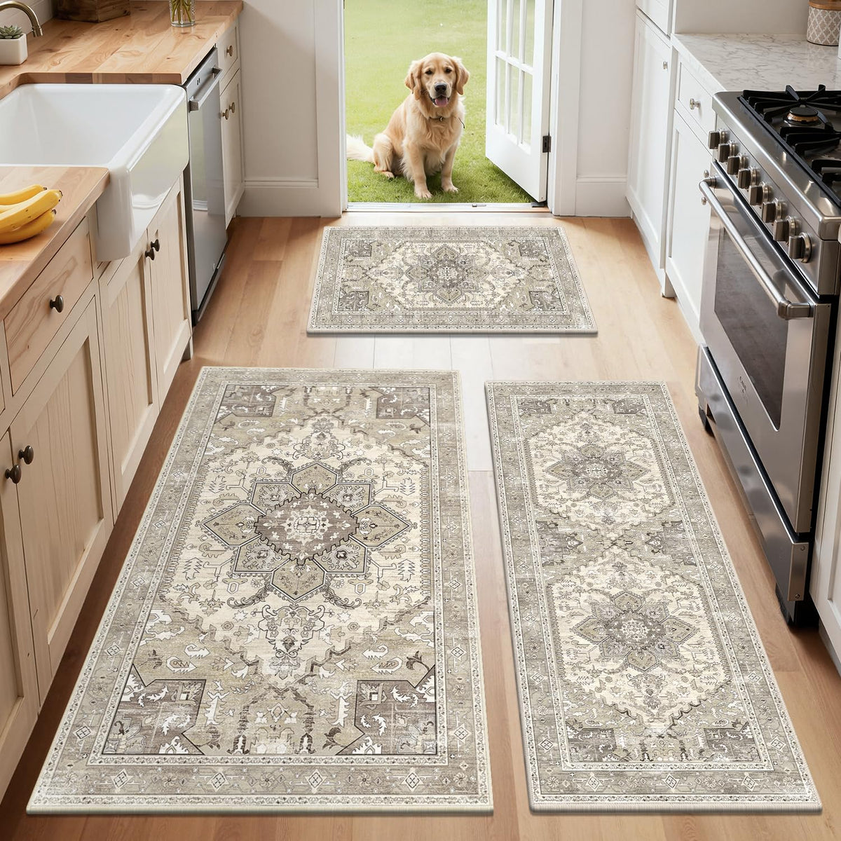 Yamaziot Washable Kitchen Runner Rugs Set of 3 with Non Slip Rubber Backing