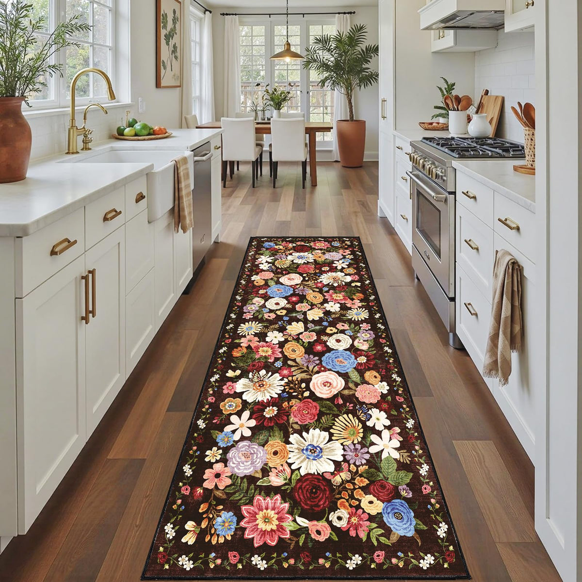 Washable Runner Rug 2x6 Beige Floral, Non Slip for Hallway, Kitchen