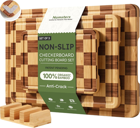 Cutting Board Set of 3 with Holder Wooden Checkered Cutting Board for Kitchen Non Toxic Charcuterie Board Serving Non Slip End Grain Wood Chopping Board for Meat Fruit Cheese Kitchen Housewarming Gift