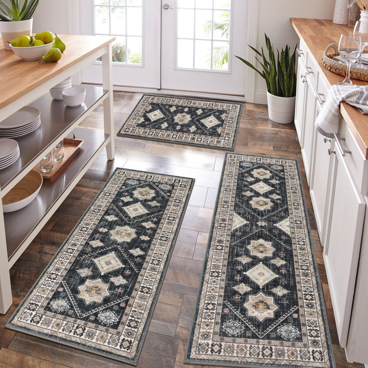 HEBE Boho Kitchen Rugs Set of 3, Non Slip Washable Kitchen Mats for Floor