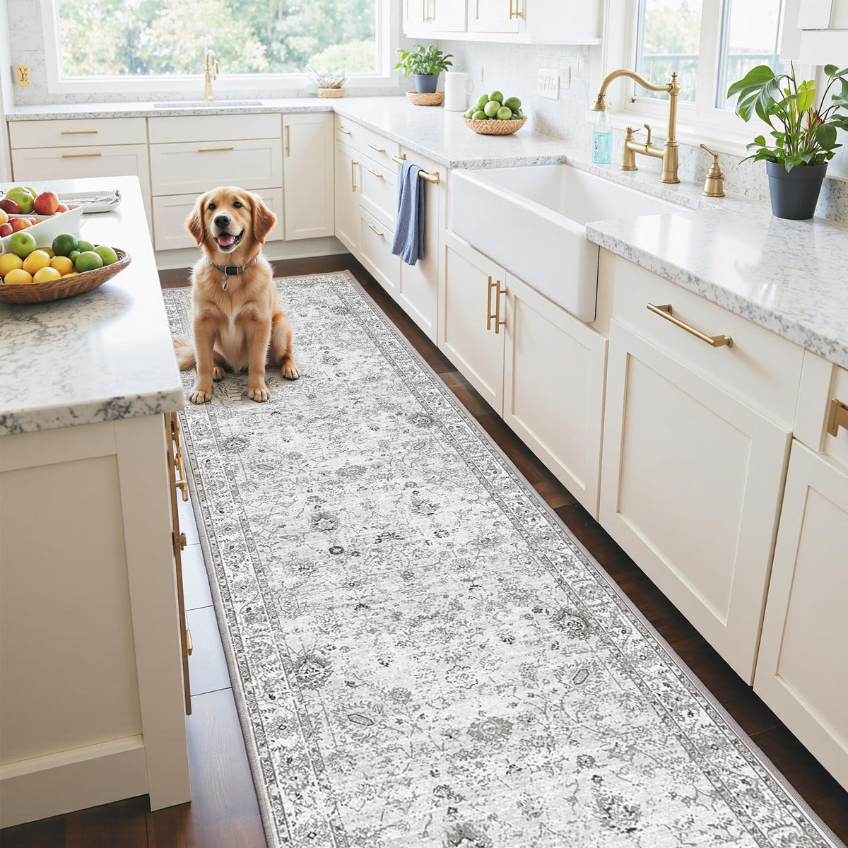 Washable Runner Rug 2x6 Beige Floral, Non Slip for Hallway, Kitchen
