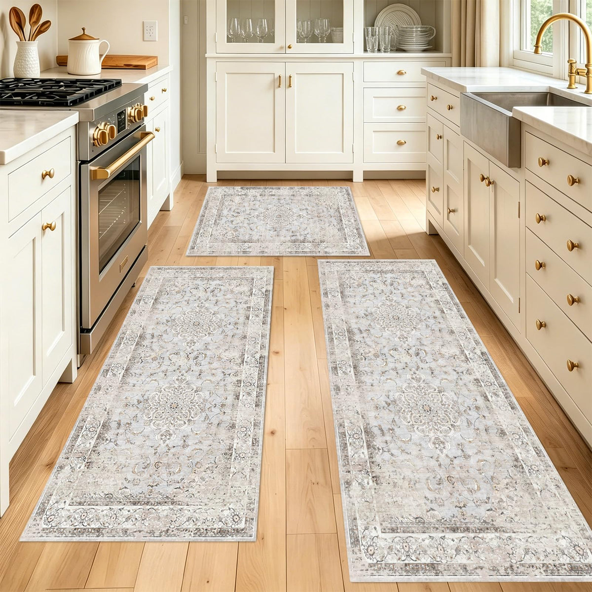 Sofort Kitchen Mats for Floor, Non Slip Washable Kitchen Rugs Sets of 3