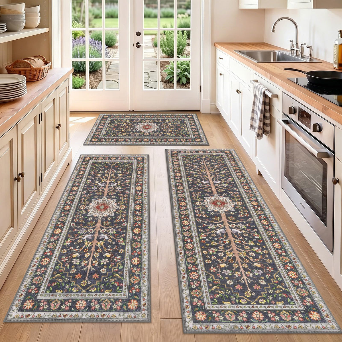 HEBE Boho Kitchen Rugs Set of 3, Non Slip Washable Kitchen Mats for Floor