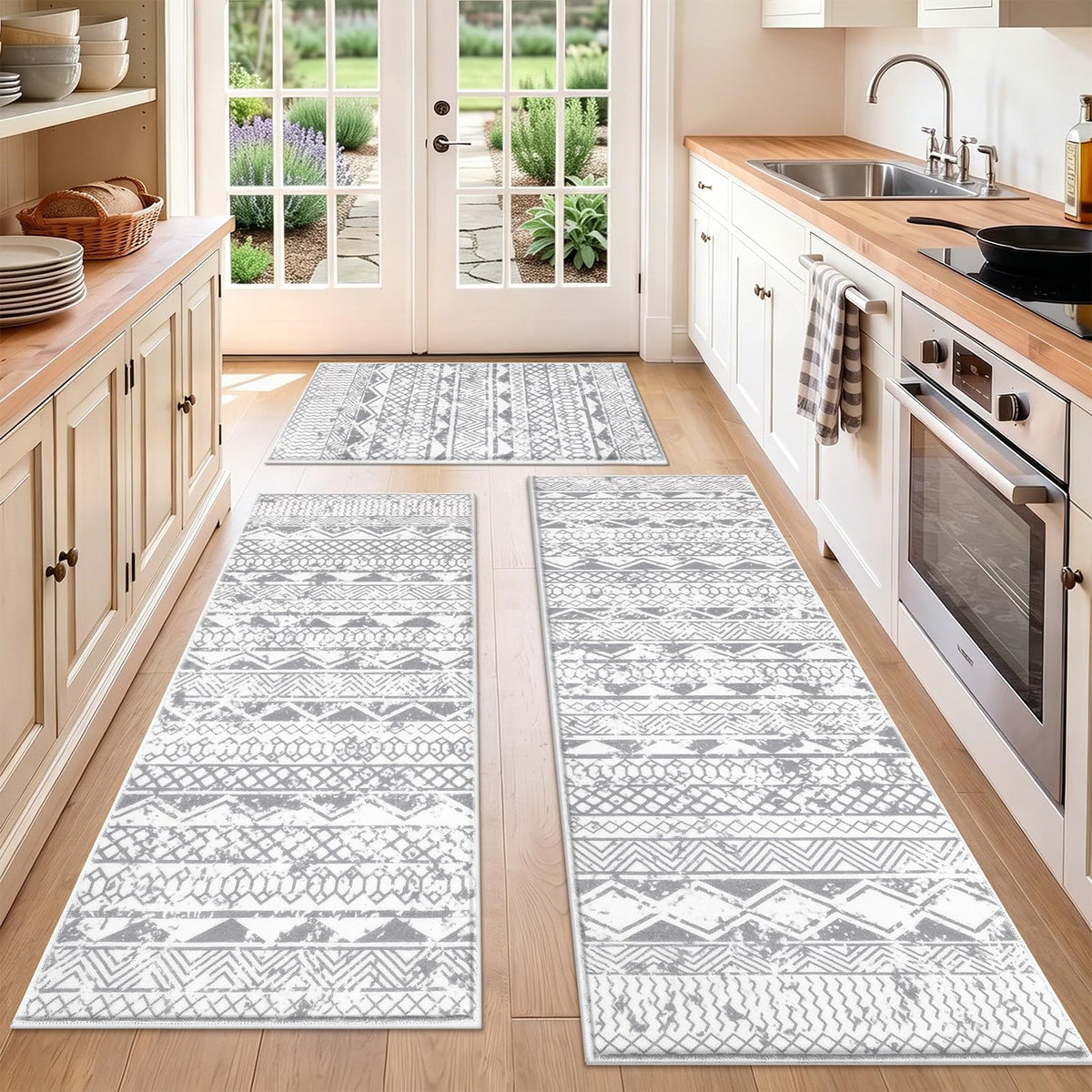 HEBE Boho Kitchen Rugs Set of 3, Non Slip Washable Kitchen Mats for Floor