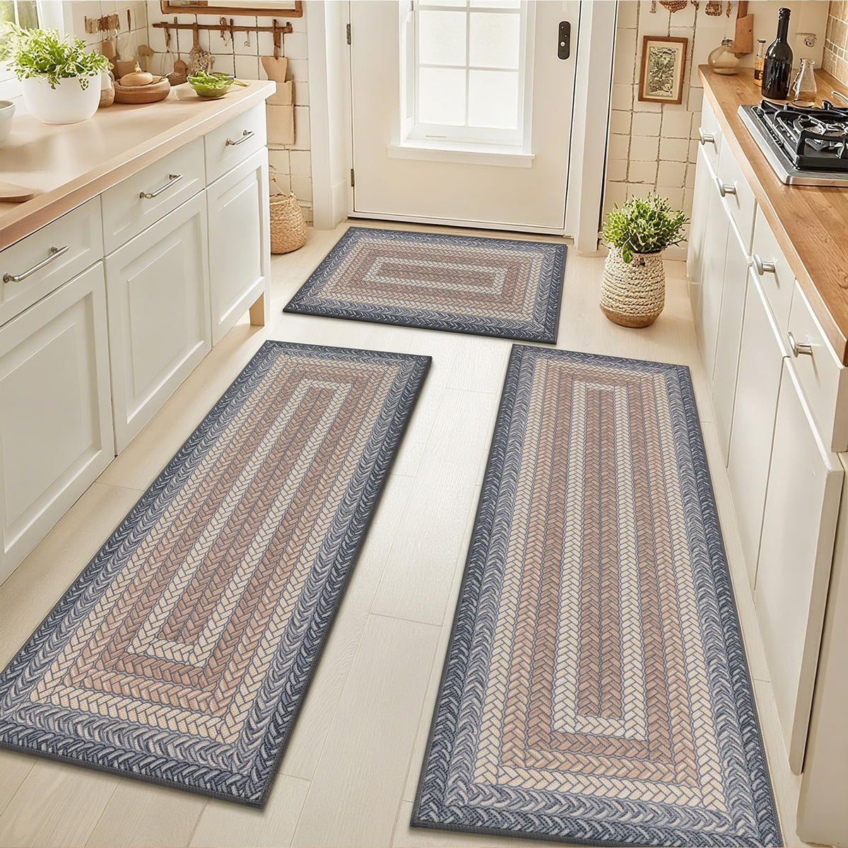 HEBE Faux Jute Kitchen Rugs Set of 3, Washable Kitchen Mats for Floor