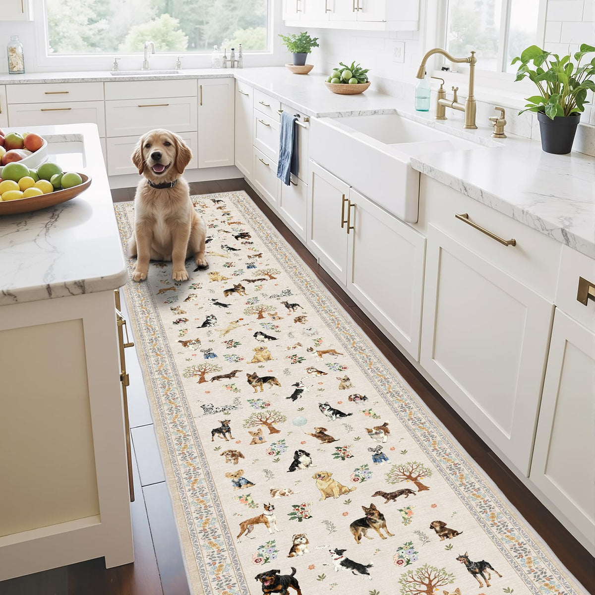 Washable Runner Rug 2x6 Beige Floral, Non Slip for Hallway, Kitchen