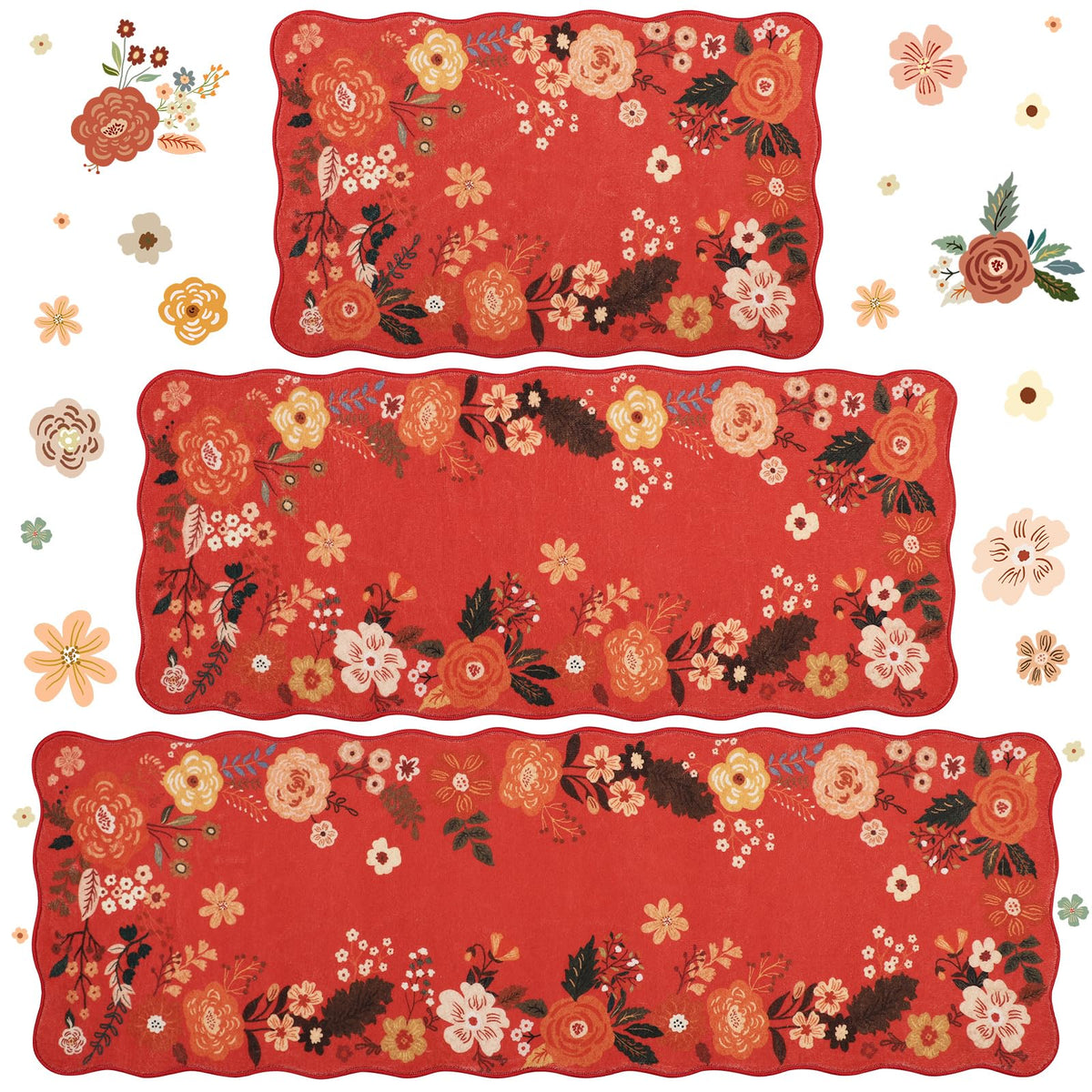 Homcomoda Floral Kitchen Rugs Mats for Floor 3PC, Farmhouse Non Slip Kitchen Rug Runner, Washable Non Skid Kitchen Rugs, Comfort Standing Mat for Laundry, Desk, Bar, Office