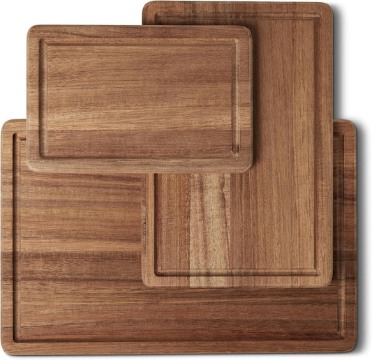 Amazon Basics Wooden Cutting Board, 3-Piece Set, Acacia Wood, Pre-Oiled with Juice Groove, for Chopping and Serving