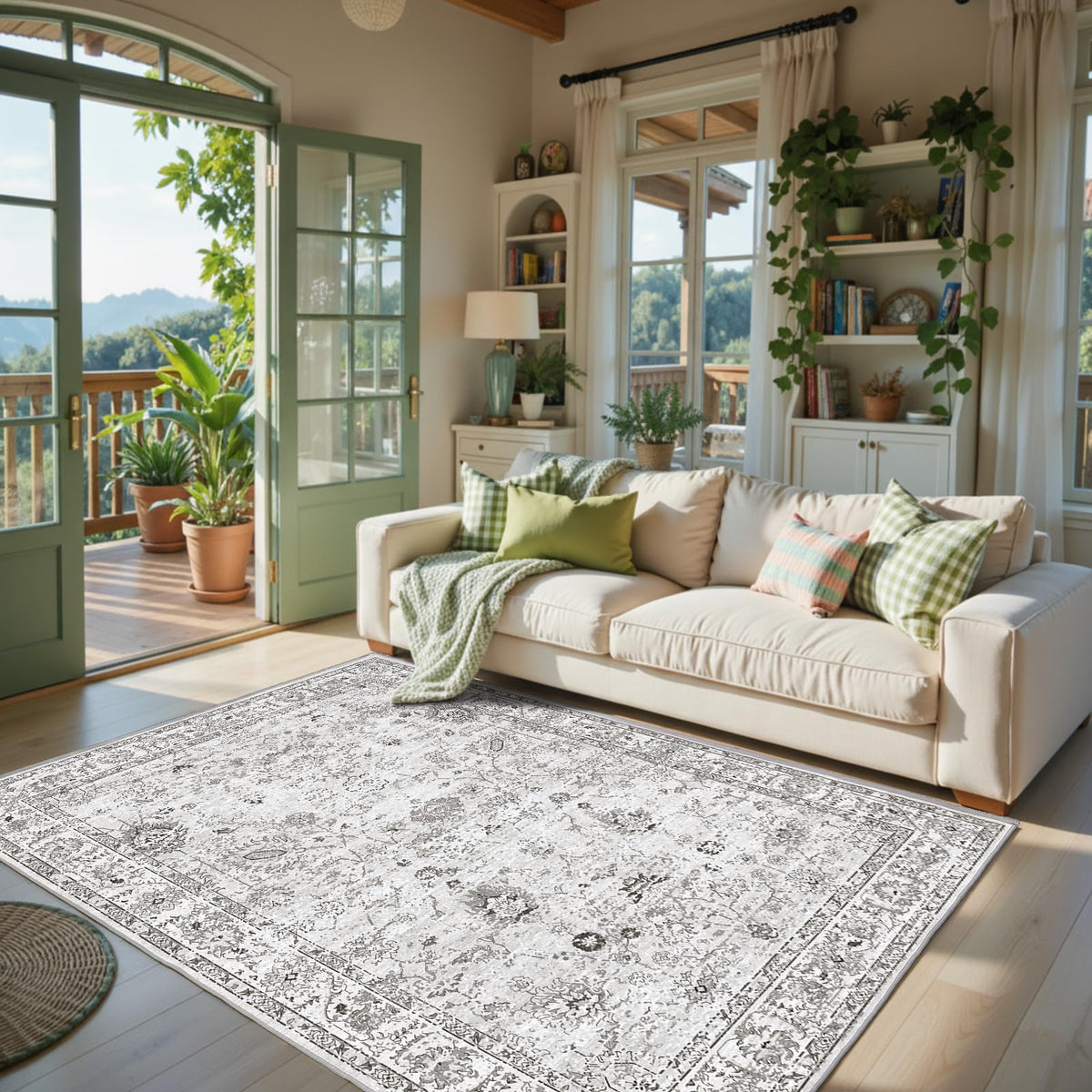 Washable Runner Rug 2x6 Beige Floral, Non Slip for Hallway, Kitchen