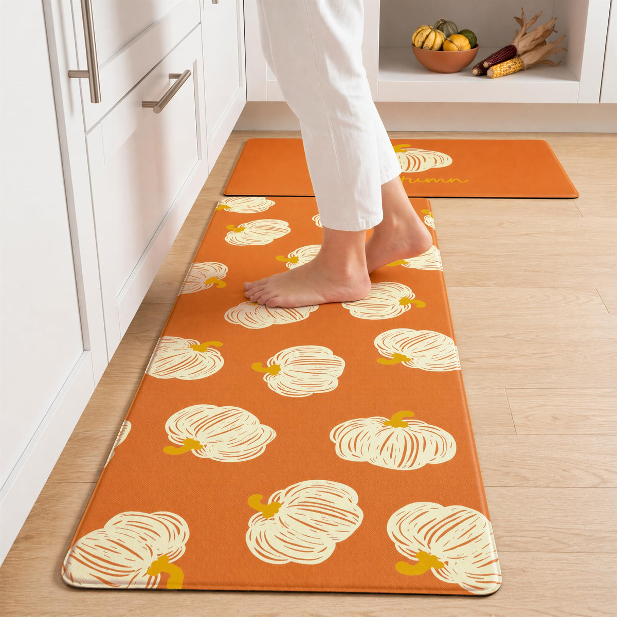 Fall Autumn Pumpkin Orange Kitchen Rug Sets 2 PCs, 17"x29"+17"x47"