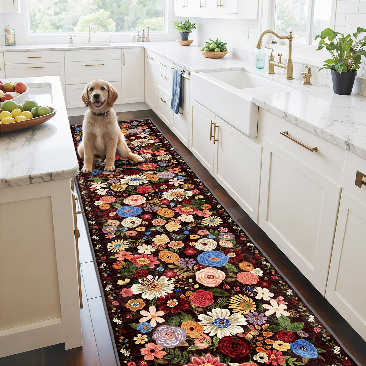 Washable Runner Rug 2x6 Beige Floral, Non Slip for Hallway, Kitchen