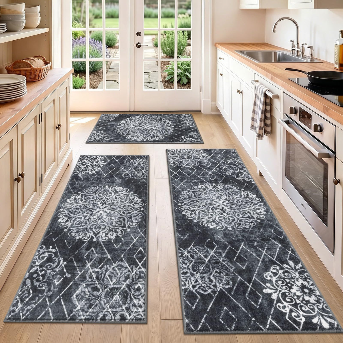 HEBE Boho Kitchen Rugs Set of 3, Non Slip Washable Kitchen Mats for Floor