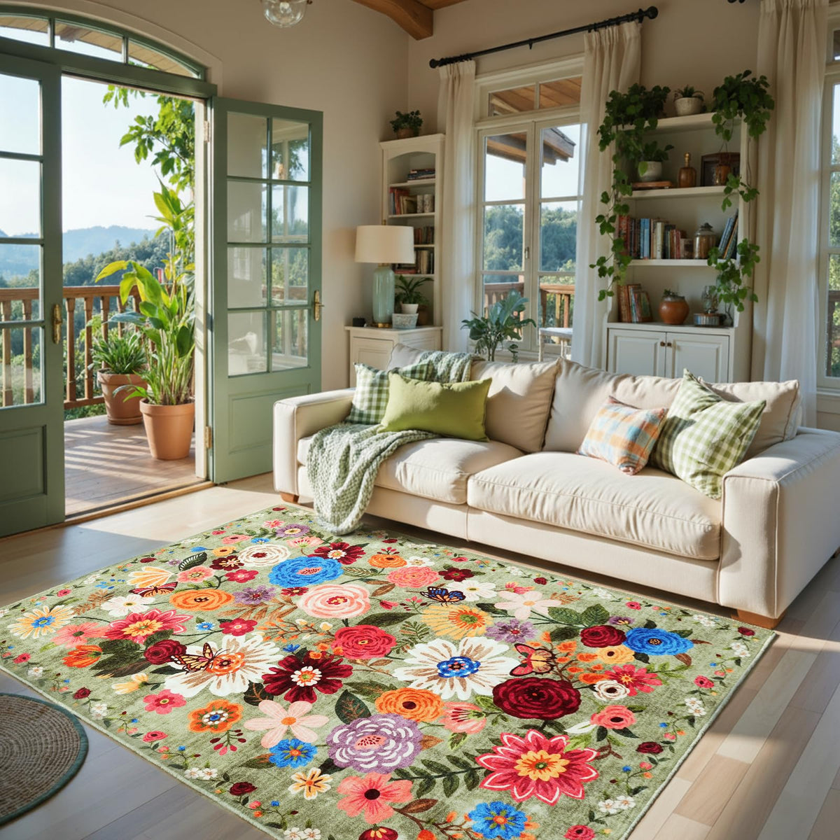 Washable Runner Rug 2x6 Beige Floral, Non Slip for Hallway, Kitchen