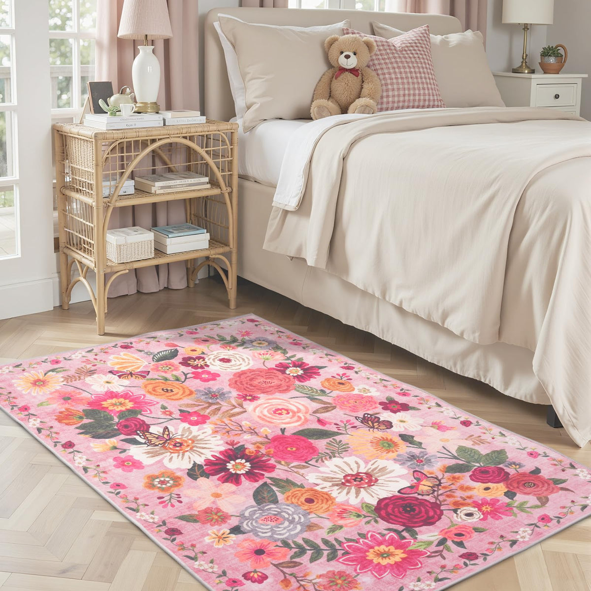 Washable Runner Rug 2x6 Beige Floral, Non Slip for Hallway, Kitchen