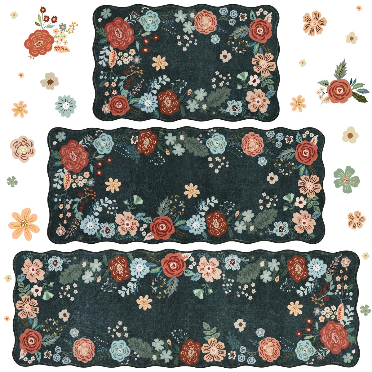 Homcomoda Floral Kitchen Rugs Mats for Floor 3PC, Farmhouse Non Slip Kitchen Rug Runner, Washable Non Skid Kitchen Rugs, Comfort Standing Mat for Laundry, Desk, Bar, Office
